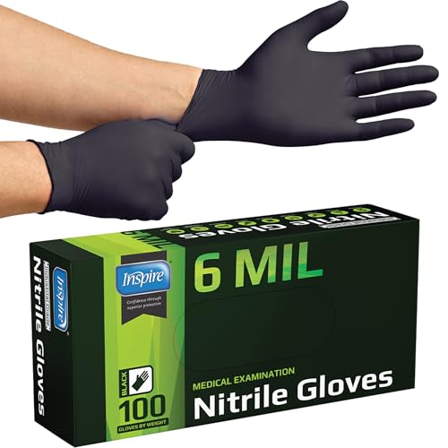 Inspire Black Nitrile Gloves HEAVY DUTY 6 Mil Nitrile Chemical Resistant Medical Cooking Cleaning Disposable Black Gloves - size: XL, style: Black 6mil Box of 100