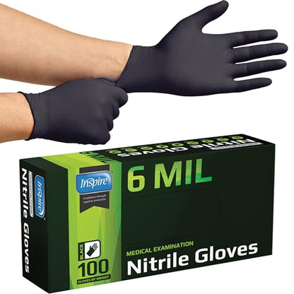 Inspire Black Nitrile Gloves HEAVY DUTY 6 Mil Nitrile Chemical Resistant Medical Cooking Cleaning Disposable Black Gloves - size: XL, style: Black 6mil Box of 100