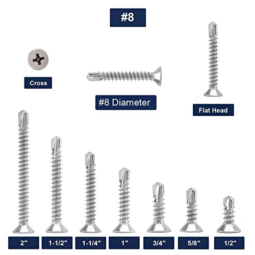 #8 x 1 Sheet Metal Screws 100Pcs 410 Stainless Steel Flat Head Tek Screws Fast Self Tapping Screws by SG TZH - size: #8 x 1"