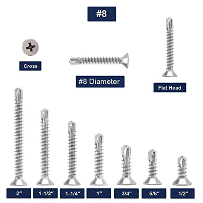 #8 x 5/8" Sheet Metal Screws 100Pcs 410 Stainless Steel Flat Head Tek Screws Fast Self Tapping Screws by SG TZH - size: #8 x 5/8"