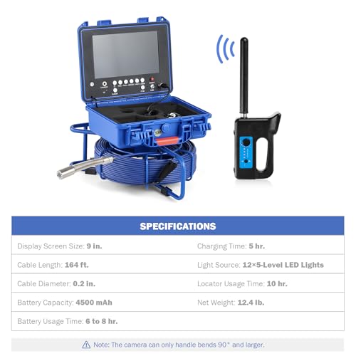 ZELCAN Self-Leveling Sewer Camera with Locator, Drain Camera 165FT with 9 in. LCD Screen, Waterproof IP68 Borescope Plumbing with 12 LED Lights, with 512Hz Transmitter and Receiver(32GB Card) - size: 9 in./165 ft.