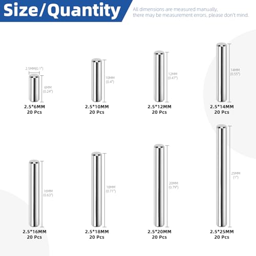 Glarks 160pcs M2.5 Solid Dowel Pins Kit, 8 Sizes Stainless Steel Cylindrical Shelf Support Peg Pin Rod Fastener, Parallel Dowel Pin Fastener for Machinery Manufacturing, Furniture Installation - size: 160pcs M2.5