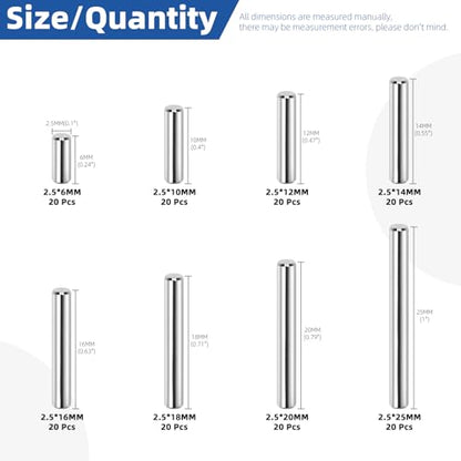 Glarks 160pcs M2.5 Solid Dowel Pins Kit, 8 Sizes Stainless Steel Cylindrical Shelf Support Peg Pin Rod Fastener, Parallel Dowel Pin Fastener for Machinery Manufacturing, Furniture Installation - size: 160pcs M2.5