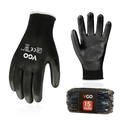 Vgo... 15Pairs PU Coated Safety Work Gloves,Gardening Gloves (PU2103,L) - color: Black, size: Large