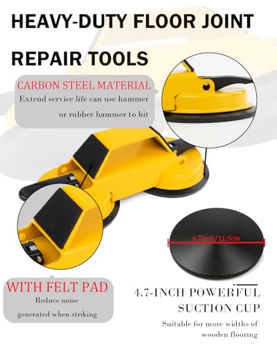 Floor Gap Fixer Tool Kit with Dual Suction Cup, Carbon Steel Laminate Flooring Gap Repair Tool for Vinyl Plank Wood Hardwood Floors, Heavy Duty Fixer with Mallet, Pads, Scraper, Gloves, Cloth