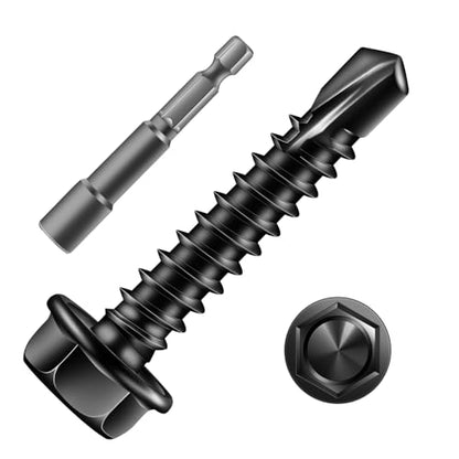 #8 x 1 Inch Self Drilling Screws (184Pcs) Hex Washer Head 410 Stainless Steel Self Tapping Screws for Metal Sheet Metal Screws Black Oxide with Hex Socket Included - color: Black, size: #8 x 1"