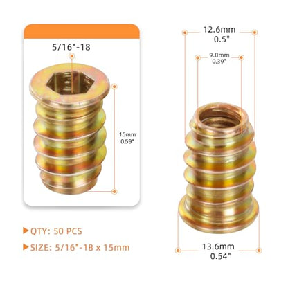 5/16-18 x 15mm Threaded Insert for Wood Furniture Screw in Nut Threaded Wood Inserts Bolt Fastener Connector, Zinc Plated Carbon Steel, 50 PCS (with Hex Spanner) - size: 5/16"-18 x 15mm