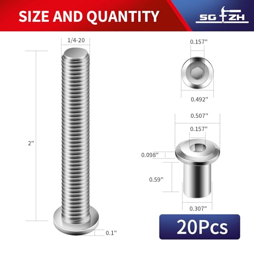 1/4-20 x 2 Inch 20Pcs Flat Head Hex Socket Cap Screws Bolts Barrel Nuts Kit, 304 Stainless Steel 18-8, Full Thread by SG TZH (with Hex Spanner) - color: Silver, size: 1/4-20 x 2"