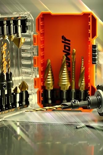 13PCS HSS Titanium Step, Countersink, Saw Drill Bit Set with 1/4" Hex Shank - size: 13 pcs