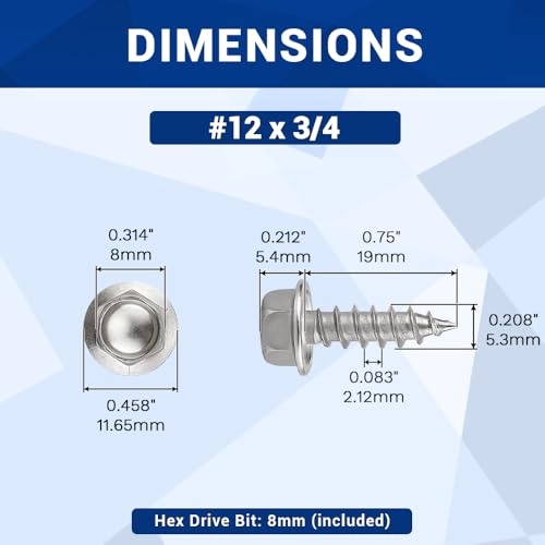 #12 x 3/4" Hex Flange Head Wood Screws, 410 Stainless Steel Self Tapping Screws, Hex Bit Included (50-Pack) - size: #12 x 3/4"