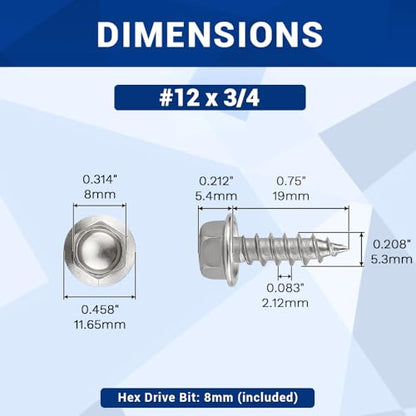 #12 x 3/4" Hex Flange Head Wood Screws, 410 Stainless Steel Self Tapping Screws, Hex Bit Included (50-Pack) - size: #12 x 3/4"