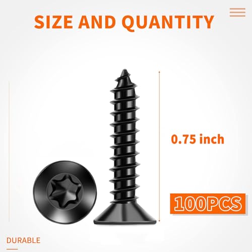 100 PCS #6 x 3/4" Flat Head Torx/Star Wood Screws, 18-8 (A2) Stainless Steel, Full Threaded & Black Coated for Durability, T15 Drive Bit Included, No.6 X 3/4" Multipurpose Screw by TPOHH - size: #6 X 3/4 inch