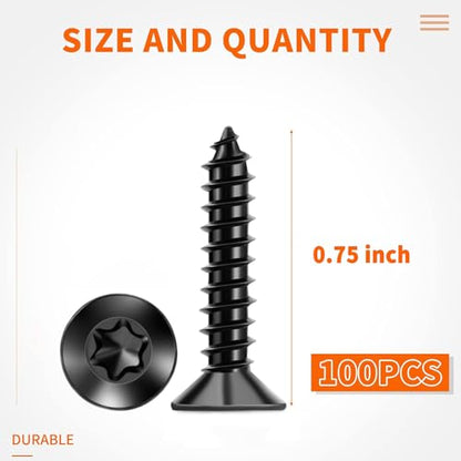 100 PCS #6 x 3/4" Flat Head Torx/Star Wood Screws, 18-8 (A2) Stainless Steel, Full Threaded & Black Coated for Durability, T15 Drive Bit Included, No.6 X 3/4" Multipurpose Screw by TPOHH - size: #6 X 3/4 inch