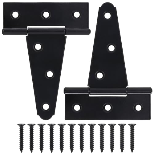 4 Inch T-Strap Gate Hinges, Shed Barn Door Hinges Heavy Duty, Black Tee Hinges for Wooden Fences, Yard Gate, Wrought Hardware Iron Rustproof (2Pack/Set) - size: 4 Inch