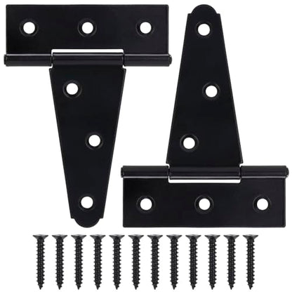 4 Inch T-Strap Gate Hinges, Shed Barn Door Hinges Heavy Duty, Black Tee Hinges for Wooden Fences, Yard Gate, Wrought Hardware Iron Rustproof (2Pack/Set) - size: 4 Inch