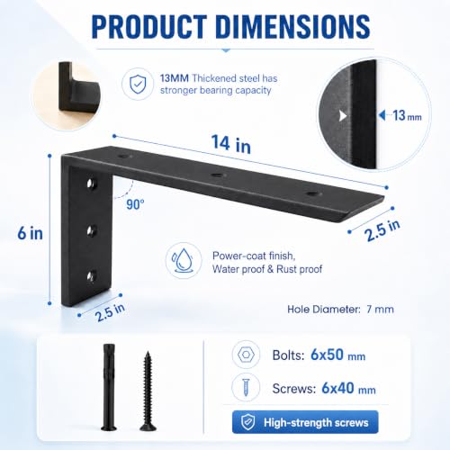 WINKER Countertop Support Bracket 4 Pack Heavy Duty 1/2" Thick Hidden L Shelf Bracket 14" x 6" x 2.5" Metal Corbels for Quartz/Granite/Wood/Concrete/Laminate Countertops, Black - size: 14″x6″x2.5″-1/2" thick, style: Black-4Pack