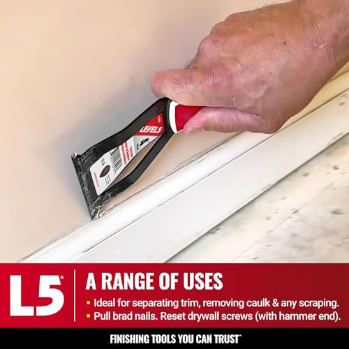 LEVEL5 4” Trim Puller & Multi-Tool | Baseboard and Trim Removal, Caulk Removal, Scraping, Pulling Brad Nails | Metal Hammer End & Soft-Grip Handle | 5-203