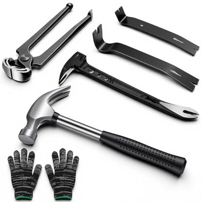 6 Pcs Pry Bar Set, 8 oz Claw Hammer, 10" Paw Nail Puller, 7" and 9" Flat Claw Pry Bars, 8 Inch End Cutting Pliers with Gloves, Utility Bar Set for Baseboard, Floor, Nails Removal