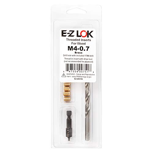 E-Z LOK 400-M4 Threaded Inserts for Wood, Installation Kit, Brass, Includes M4-0.7 Knife Thread Inserts (10), Drill, Installation Tool - size: M4-0.7 (10 Count)