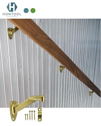 Heavy Duty Brass Plated Zinc Handrail Brackets Extended Neck Wall Mount Design Includes Screws for Stair Railing Support 2 Pack | HOWTOOL