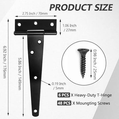 Murtenze Heavy Duty T-Strap Hinge, Black, 6 Inch, 6 pcs - color: Black, size: 6 Inch - 6Pack