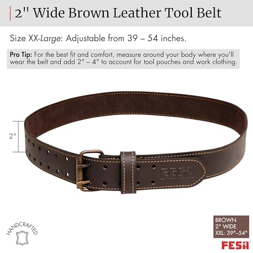 FESA Men's Leather Tool Belt - Handcrafted Top Grain Leather Tool Pouch Belt for Carpenters & Other Trade Professionals - color: Brown - 2" Wide - Xxl