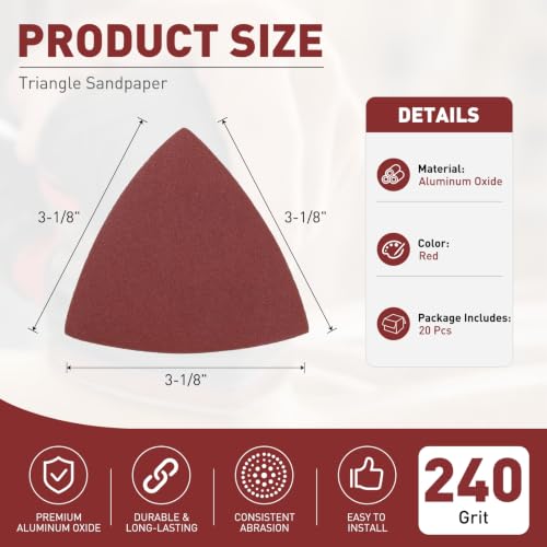 20Pcs Triangle Sandpaper 3-1/8" 240Grit Red - size: 3 1/8inch, 240 Grit