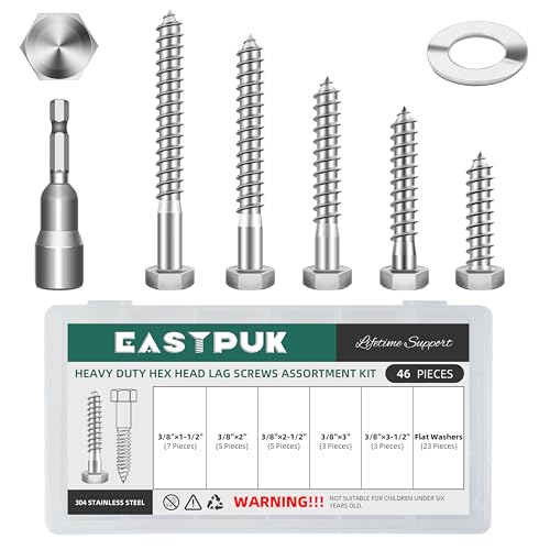 46Pcs 3/8" Hex Head Lag Bolts Screws Assortment Kit, Heavy Duty Lag Screws with Washers, 304 Stainless Steel 18-8, 3/8 Bolt for Wood, Bright Finish - size: 3/8" Kit