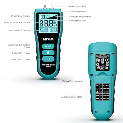 Kiprim WM02 Digital Pin-Type Moisture Detector,LCD Display,Hold Function