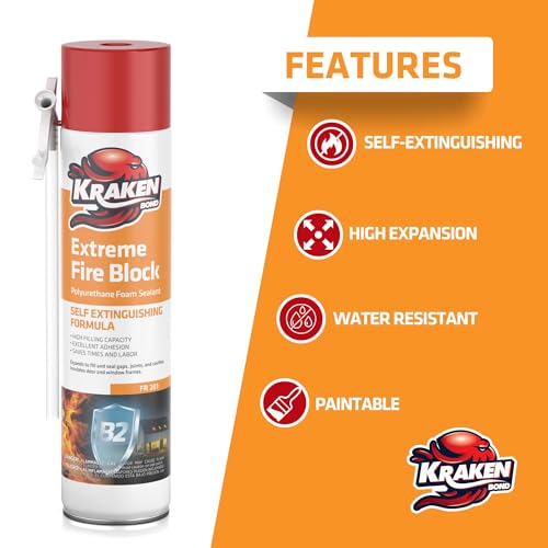 Kraken Bond Extreme Orange Fire Block Foam - (12x24oz) Fire Rated Polyurethane Spray for Gap Filling, Sealing on Windows, Walls, Joints & Pipes, Straw Use High Expansion Fire Proof Foam - 12 Pack - size: 12 Pack