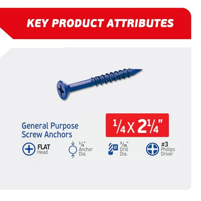 1/4 x 2-1/4" Countersunk Phillips Flat Head Blue Concrete Screw Anchors (100 pcs Screw Kit) with one Screwdriver and Drill Bit for Concrete, Masonry, Block, Brick and Wood Fastening - size: 1/4 x 2-1/4 in