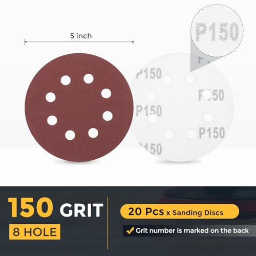 HARFINGTON 20 Pcs 5 Inch Sanding Discs 150 Grit Red Aluminum Oxide 8 Hole - size: 5 Inch(150 Grit)