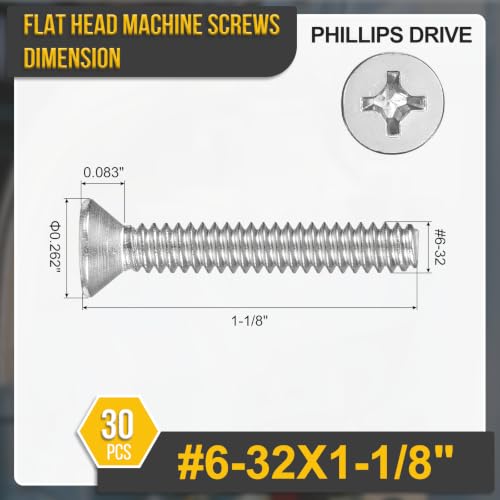 DTGN #6-32x1-1/8 Phillips Flat Head Machine Screw 304 Silver 30pcs - color: Silver, size: #6-32x1-1/8"