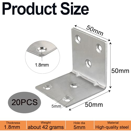 20 Pcs Metal L Brackets 2"x2"x2" Heavy Duty Corner Brace for Wood, Right Angle Bracket 2 Inch 50 MM Wide 90 Degree Corner Bracket Furniture Wooden Frame Bed Bookshelf - size: 2 Inch