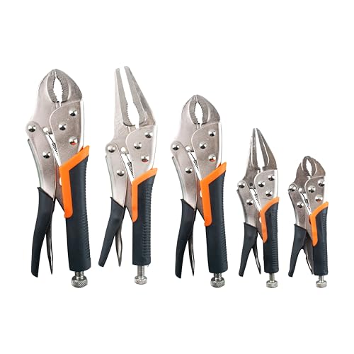 5-Piece Locking Pliers Set, 5", 7" & 10" Curved Jaw Adjustable Vise Grip Pliers and 7" & 9" Long Nose Welding Clamps for DIY Projects,Mechanic and Woodworking - size: L 5-10 inch w/ rubber handle