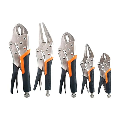 5-Piece Locking Pliers Set, 5", 7" & 10" Curved Jaw Adjustable Vise Grip Pliers and 7" & 9" Long Nose Welding Clamps for DIY Projects,Mechanic and Woodworking - size: L 5-10 inch w/ rubber handle