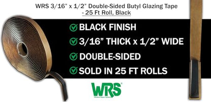 WRS 3/16" x 1/2" Double Sided Butyl Tape, Black, 25 Ft, for Weatherproofing - color: 3/16" x 1/2" - 25 Ft Roll, Black