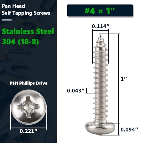 #4 x 1 (100 Pack) Stainless Steel Phillips Pan Head Wood Screws, Stainless Steel 304 (18-8), Pan Head Sheet Metal Screws Self Tapping for Wood - size: #4 x 1"