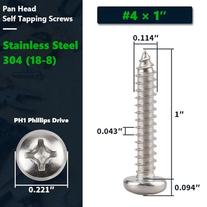 #4 x 1 (100 Pack) Stainless Steel Phillips Pan Head Wood Screws, Stainless Steel 304 (18-8), Pan Head Sheet Metal Screws Self Tapping for Wood - size: #4 x 1"