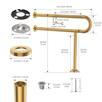 ZUEXT 31.5x28 Inch Gold Knurled Toilet Grab Bar with Toilet Paper Holder - color: Gold, size: 31.5 Inch