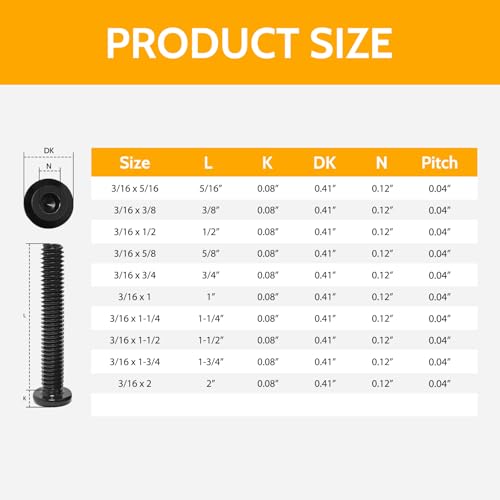 3/16-24 x 5/16" Flat Head Socket Head Screw (50Pcs),Furniture Bolts, Furniture Screws 304 Stainless Steel,1/4 Bolts Black Zinc Plated Fully Threaded, Bright Finish Screws with Hex Spanner - size: 3/16-24 x 5/16" (50 Pack)