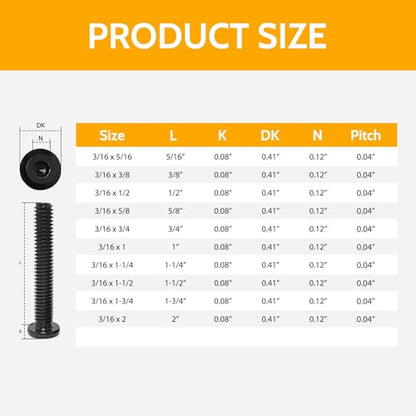 30Pcs 3/16-24 x 1-1/2" Flat Head Socket Head Screw,Furniture Bolts,Furniture Screws 304 Stainless Steel,1/4 Bolts Black Zinc Plated Fully Threaded,Countersunk Connector Screws with Hex Spanner - size: 3/16-24 x 1-1/2" (30 Pack)