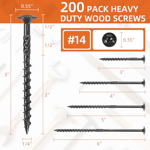 #14 x 3 Wood Structural Screws, Wood Screws, 200Pcs Lag Screws 3 Inch, Rust Resistant, Washer Head, Black Coated, Star Drive with Bit - size: #14 x 3"