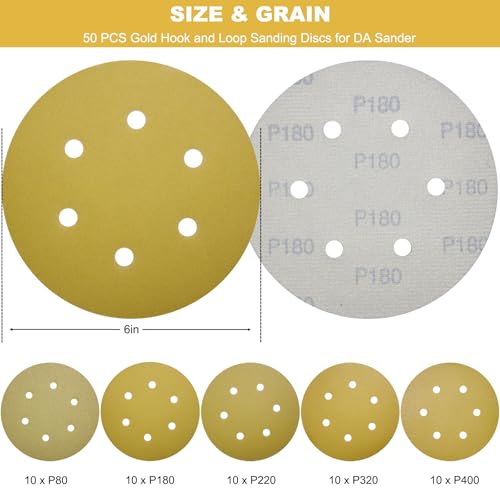 50 Pack 6 Inch 6 Hole Gold Sanding Discs - 80, 180, 220, 320, 400 Grit Dustless Hook and Loop Sandpaper Finishing Discs for Woodworking or Automotive (6 Inch 6 Hole, 50)
