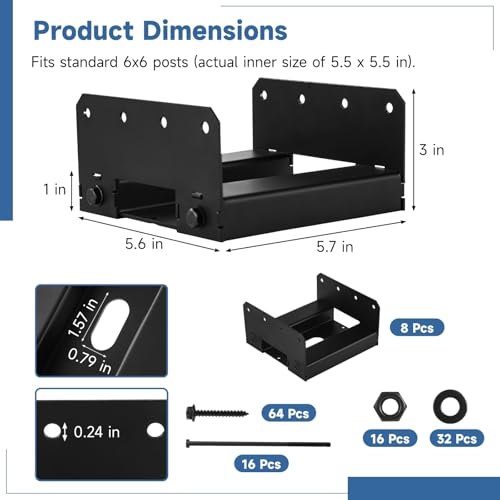yeesport 8 Pcs 6x6 Post Bases for Concrete, Heavy Duty Steel Post Brackets with 1" Standoff, Black Coated Fence Post Anchors for Deck, Porch, Patio, Pergola, Inner Size 5.6x5.6