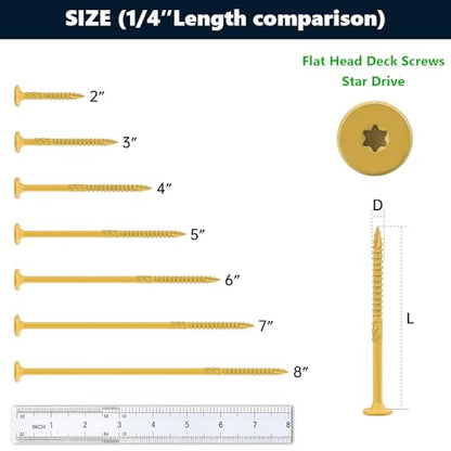 20 Pack 1/4 x 7 inch Heavy-Duty Structural Wood Screws, Star Drive, Rust Resistant Screws for Deck, Timber, Log, Landscaping, Yellow Epoxy Coated, Sharp Self Tapping Point, T30 Bit Included - color: Yellow, size: 1/4 x 7"