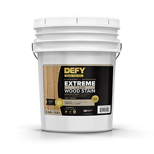 DEFY Extreme Crystal Clear Outdoor Wood Stain and Sealer in One – Clear Waterproof Sealant for Wood Decks, Fences, & Siding, 5 Gal, Made in USA - color: Crystal Clear, size: 5 Gallon