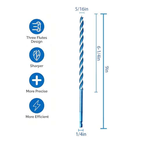Auger Wood Drill Bit 5/16" x 9" x 2 Packs, Tri-Flute, 1/4 Inch Quick Change Hex Shank - size: 5/16" x 9" x 2Pcs