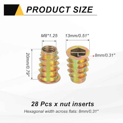 MECCANIXITY 28 Pcs Threaded Inserts for Wood, Zinc Alloy M8 Thread Inserts Nuts Hex Socket Drive Screw 20mm Length for Furniture, Cabinet, Tables and Chairs - size: M8x20mm