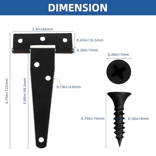 TamBee 6 Pcs 4 Inch T-Strap Light Duty Barn Door Hinges for Shed Gate - size: 4inch